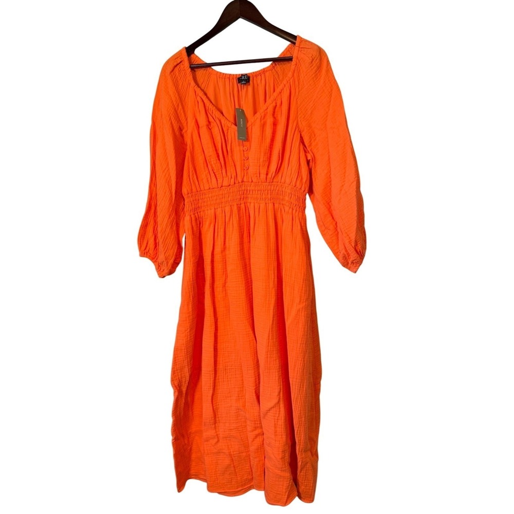 J. Crew Cotton Gauze Smocked Waist Midi Dress Women M Bright Orange‎ Prairie